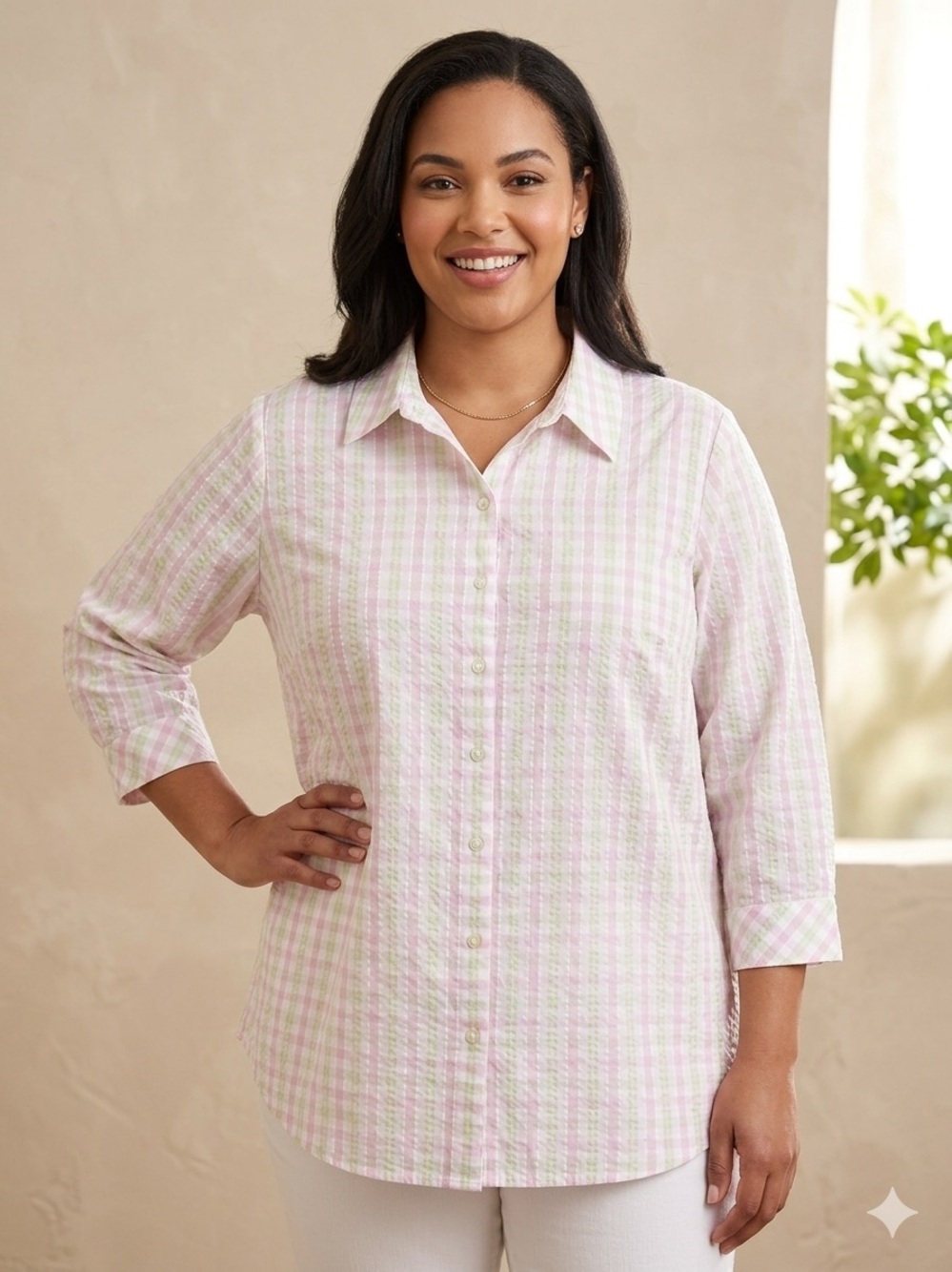 Take 50% OFF- Alia Sport Plaid Button-Down Shirt - Pink/Green, Size-22W